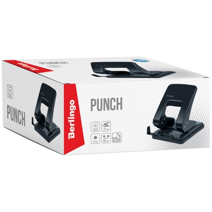 Дырокол металлический 40 листов, Berlingo, с линейкой, чёрный Дырокол металлический 40 листов, Berlingo, с линейкой, чёрный