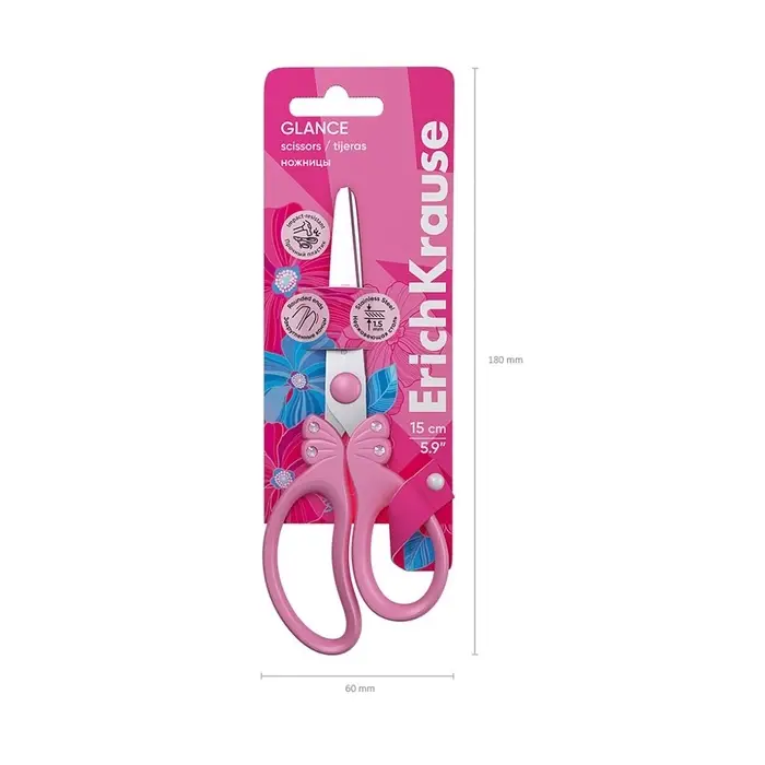 Ножницы детские 15 см, ErichKrause Glance, со стразами, с закруглёнными концами лезвий, МИКС