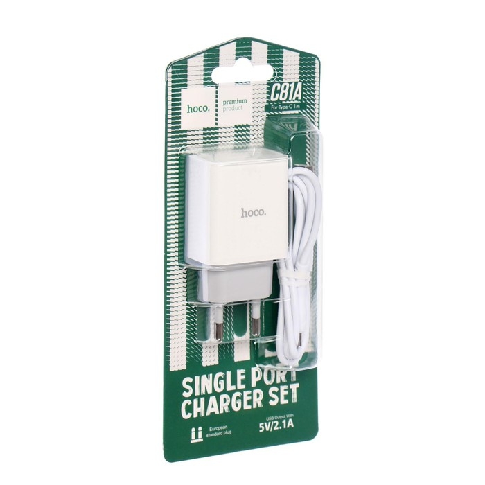 Сетевое зарядное устройство Hoco C81A, USB, 2.1 А, кабель Type-C 1 м, белый Сетевое зарядное устройство Hoco C81A, USB, 2.1 А, кабель Type-C 1 м, белый