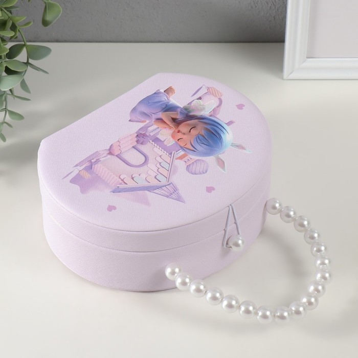 Шкатулка кожзам для украшений сумочка  Шкатулка кожзам для украшений сумочка "Малышка-ангел у домика" сирень 19х15,5х7,5 см
