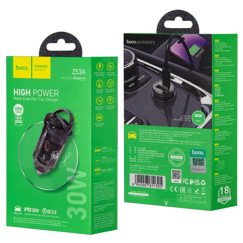 Переходник Z53А АЗУ на USB QC3.0 + Type-C PD30W HOCO прозрачно-черный Переходник Z53А АЗУ на USB QC3.0 + Type-C PD30W HOCO прозрачно-черный