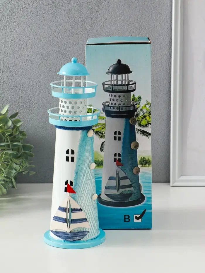 Сувенир настольный "Маяк с парусником" голубой, 3хLR1130, RGB, LED 9,5х9,5х28,5 см