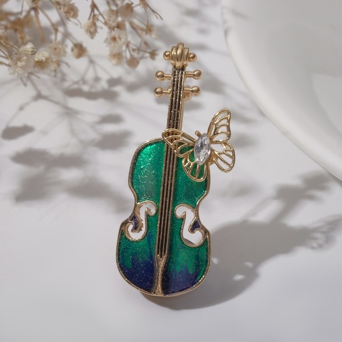 Брошь «Скрипка» с бабочкой, цвет сине-зелёный в золоте Брошь «Скрипка» с бабочкой, цвет сине-зелёный в золоте
