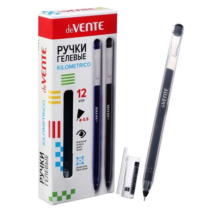 Ручка гелевая 0,5 мм, deVENTE Kilometrico, чёрные чернила, УВЕЛИЧЕННЫЙ объём чернил, длина 1200 м, прозрачный корпус, одноразовая Ручка гелевая 0,5 мм, deVENTE Kilometrico, чёрные чернила, УВЕЛИЧЕННЫЙ объём чернил, длина 1200 м, прозрачный корпус, одноразовая