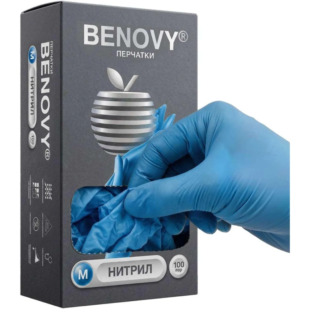 Перчатки нитрил., нестер., н/о, голубой Benovy (M) 100пар/уп CN