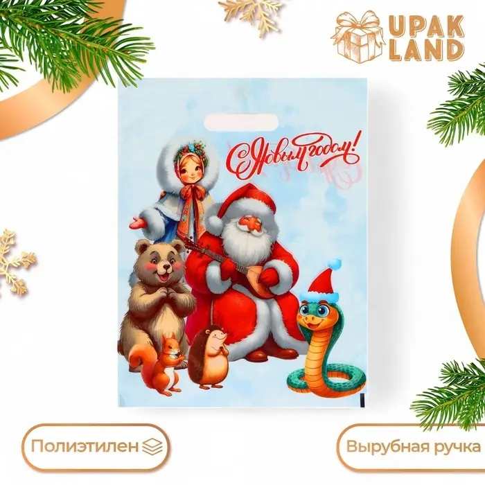 Пакет «Дед мороз со зверушками», полиэтиленовый с вырубной ручкой, 30×40 см