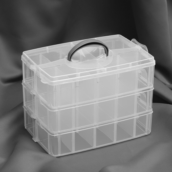 Органайзер для рукоделия, со съёмными ячейками, 3 яруса по 10 отделений, 24,5 × 16,5 × 18 см, с ручкой, цвет прозрачный Органайзер для рукоделия, со съёмными ячейками, 3 яруса по 10 отделений, 24,5 × 16,5 × 18 см, с ручкой, цвет прозрачный
