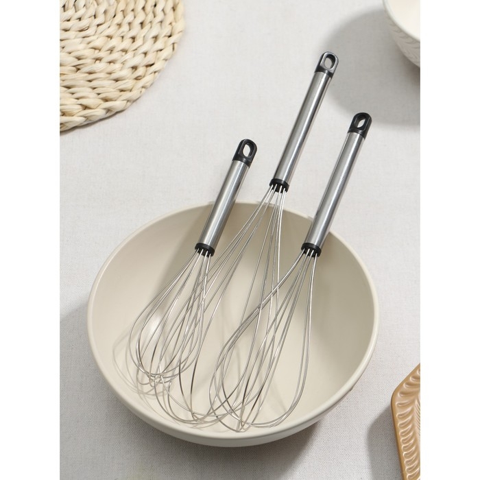 Набор венчиков для взбивания Доляна «Помощник», 3 шт: 19 см, 24 см, 29 см, цвет серебристый