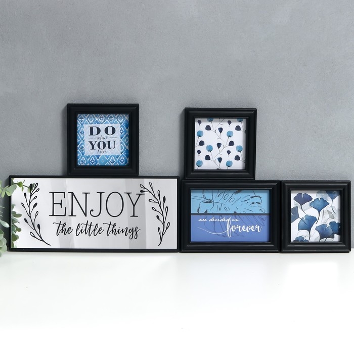 Фоторамка на 4 фото 10х10, 10х15 см+зеркало  Фоторамка на 4 фото 10х10, 10х15 см+зеркало "Наслаждайся мелочами" чёрная н-р 5 шт 26х44 см