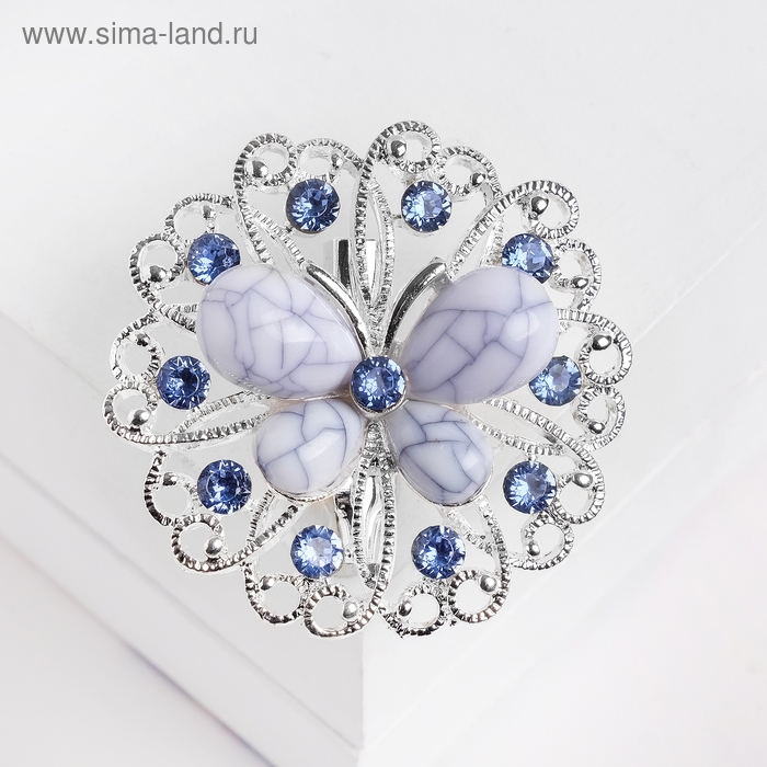 Брошь «Бабочка» на цветке, цвет бело-голубой в серебре Брошь «Бабочка» на цветке, цвет бело-голубой в серебре