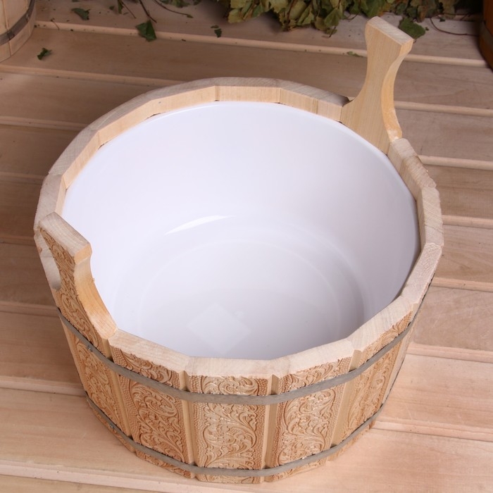 Шайка из липы круглая, 8л, пластиковая вставка Русский узор Шайка из липы круглая, 8л, пластиковая вставка Русский узор
