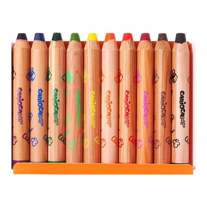 Мелки восковые 10 цветов, Carioca Мелки восковые 10 цветов, Carioca "Baby", 3 в 1, утолщенные корпус, грифель 10 мм, удобные для захвата, яркие цвета, точилка в подарок, для малышей