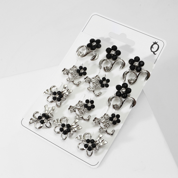 Брошь «Цветы» мини, форма МИКС, цвет чёрно-белый в серебре (неделимая фасовка 12 шт., цена за шт.)