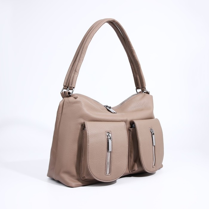 Сумка-тоут на молнии, 3 наружных кармана, цвет бежевый