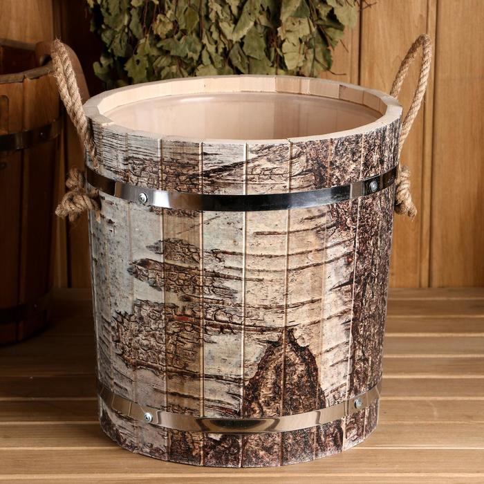 Запарник-ведро из липы, 13 л, пластиковая вставка, ручки веревки,  Запарник-ведро из липы, 13 л, пластиковая вставка, ручки веревки, "Берёзовая кора"