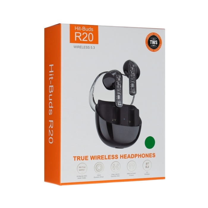 Наушники беспроводные R20, TWS, вкладыши, BT 5.3 , 30/200 мАч, шумоподавление, зелёные