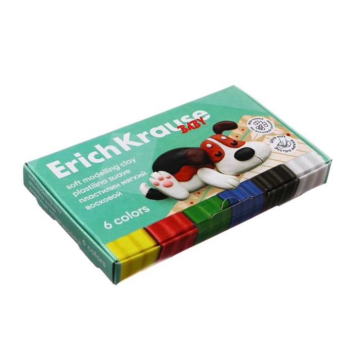 Пластилин мягкий (восковой) 6 цветов, 78 г, ErichKrause Пластилин мягкий (восковой) 6 цветов, 78 г, ErichKrause "Baby", со стеком, на растительно основе, с Алоэ Вера , европодвес