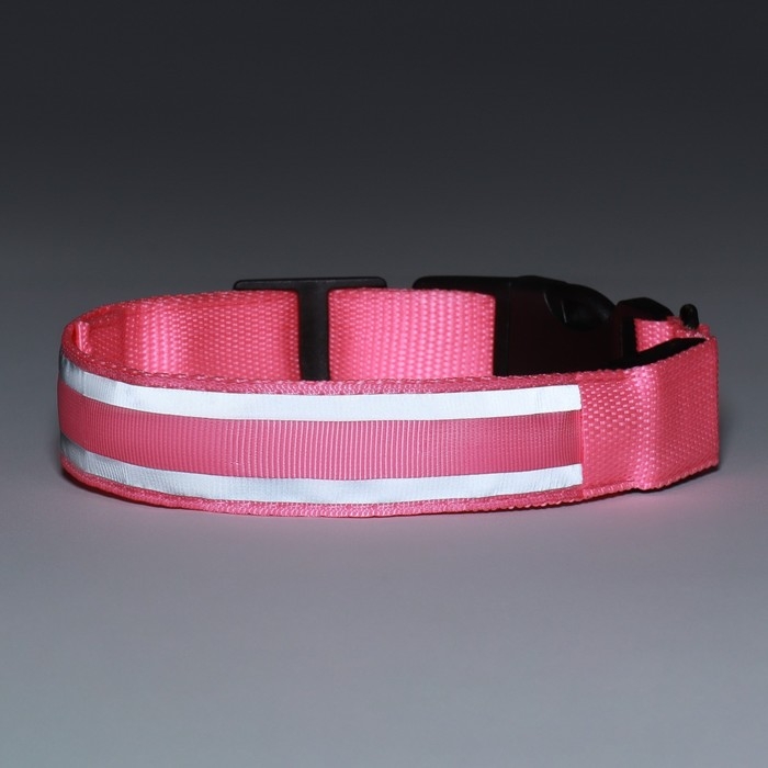 Ошейник с подсветкой Двойная полоса размер S, ОШ 35-43 х 2,5 см 3 режима свечения розовый Ошейник с подсветкой Двойная полоса размер S, ОШ 35-43 х 2,5 см 3 режима свечения розовый