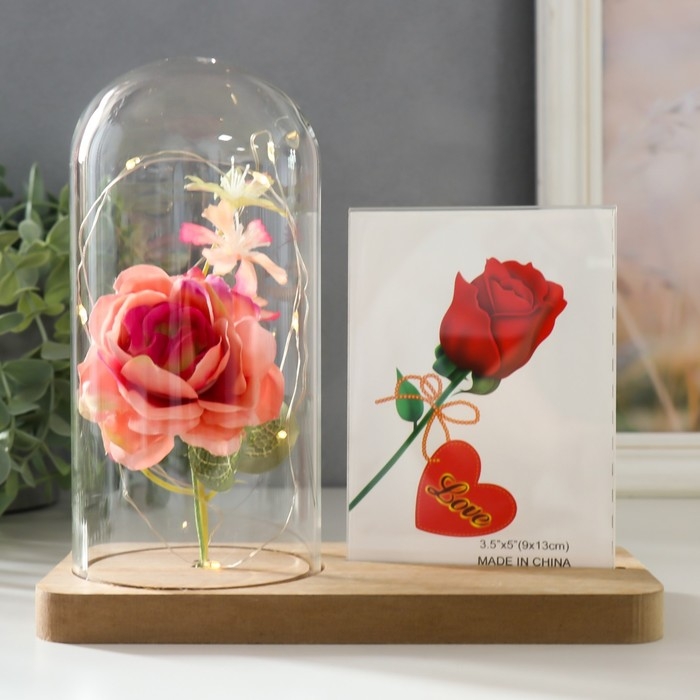 Фоторамка 9х13 см свет  Фоторамка 9х13 см свет "Розовая роза в колбе" от батареек 2хLR1130 9,8х19,5х18 см