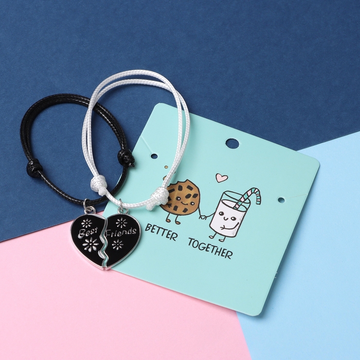 Браслеты «Неразлучники» цветок и сердце, цвет чёрно-белый, 7 см