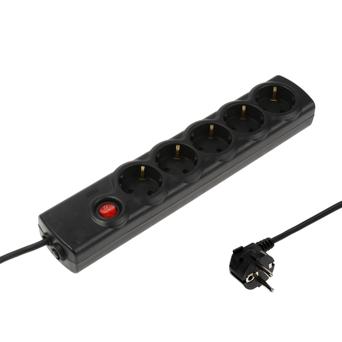 Сетевой фильтр Luazon Lighting, 5 розеток, 5 м, 3500 Вт, 3х1 мм2, 16 A, 220 В, c предохранителем, черный