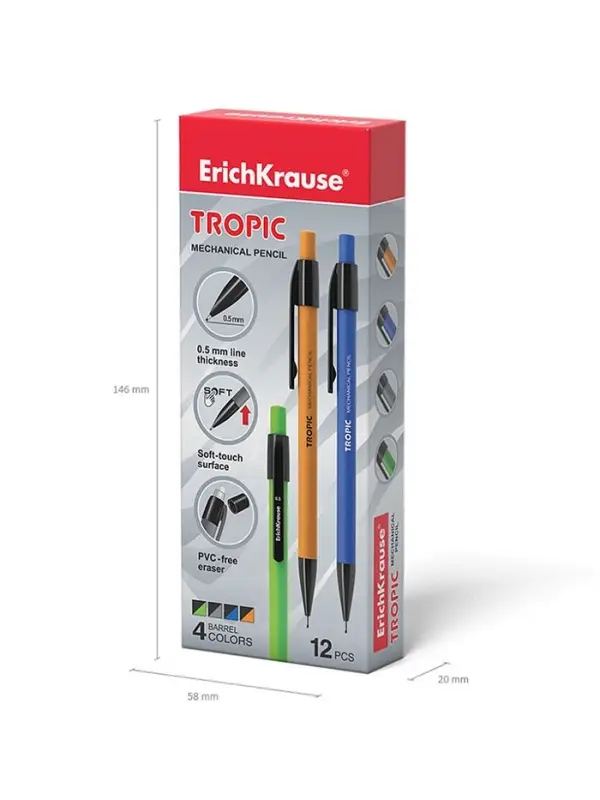 Карандаш механический ErichKrause. Tropic, толщина грифеля 0.5 мм, НВ, МИКС