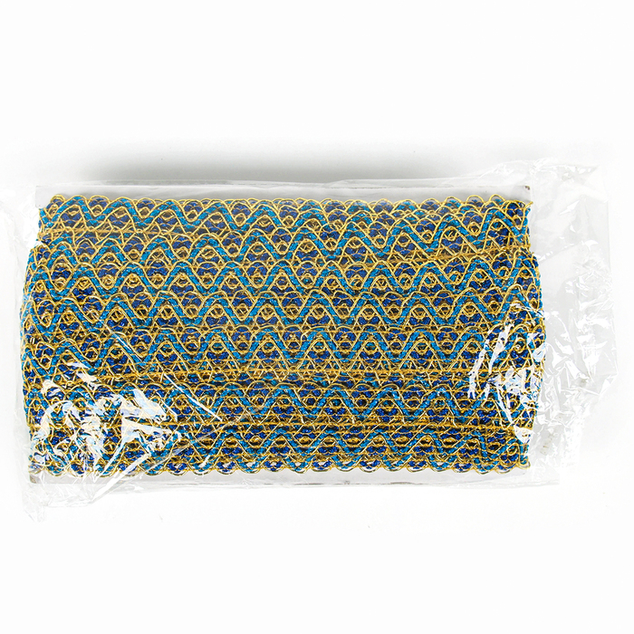 Тесьма «Зигзаг», ширина 3,5 см., в рулоне 25 м., сине-голубо-золотая Тесьма «Зигзаг», ширина 3,5 см., в рулоне 25 м., сине-голубо-золотая