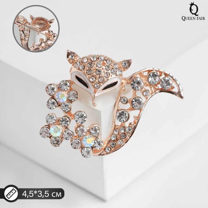 Брошь «Лиса» в цветах, цвет белый в золоте Брошь «Лиса» в цветах, цвет белый в золоте