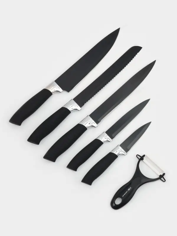 Набор кухонных принадлежностей Доляна &laquo;Супер-блек&raquo;, 6 предметов: ножи 19 см, 23 см, 32 см, 32 см, керамическая овощечистка, 32&times;4 см, чёрный