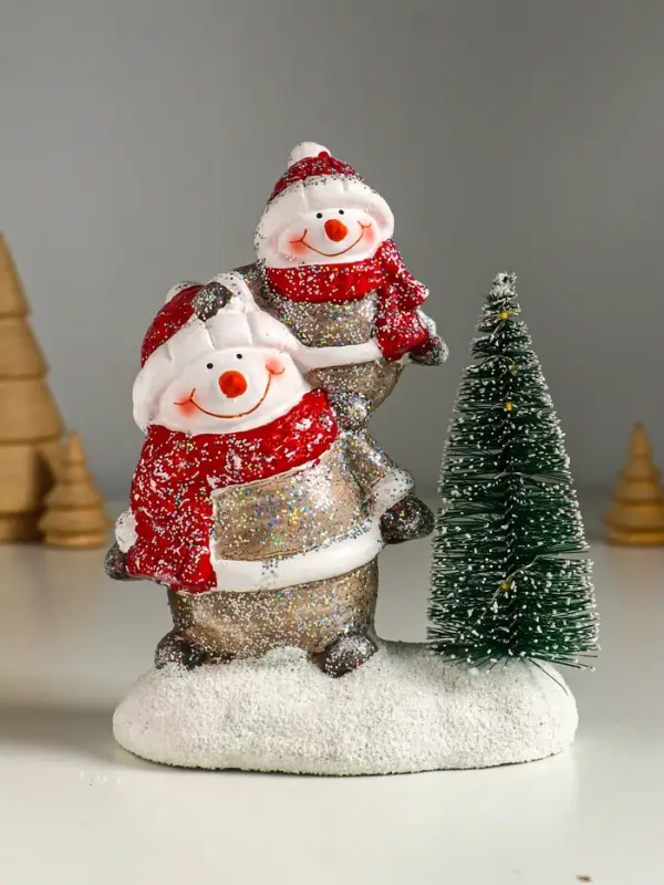 Сувенир керамика свет "Два снеговичка у ёлочки" 12х7,5х15,5 см