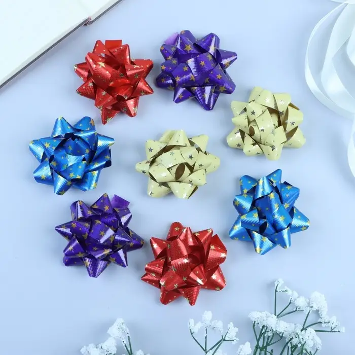 Бант - звезда №7.5, фасовка 8 шт., металик с рисунком, МИКС