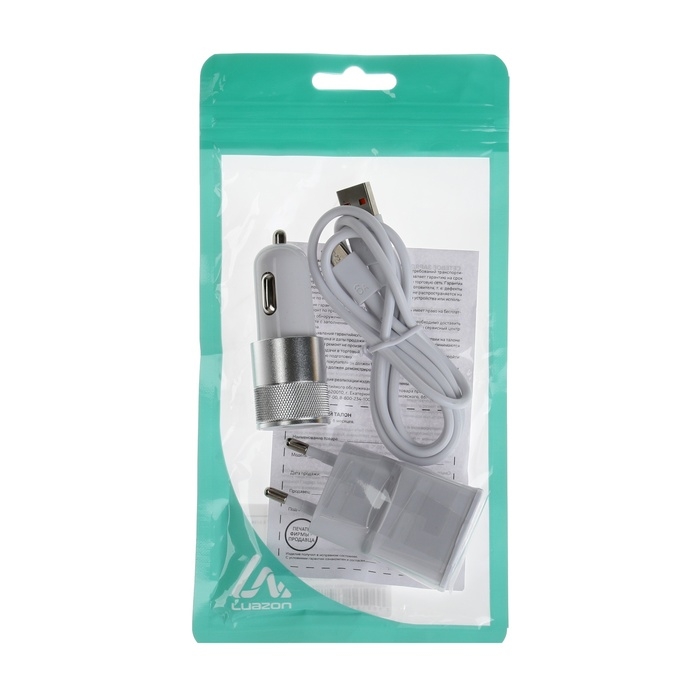 Комплект для зарядки 3 в 1 Luazon UC-30, АЗУ 2.1/1А, Type-C 1A, 1 м, СЗУ 1A, серебристый Комплект для зарядки 3 в 1 Luazon UC-30, АЗУ 2.1/1А, Type-C 1A, 1 м, СЗУ 1A, серебристый