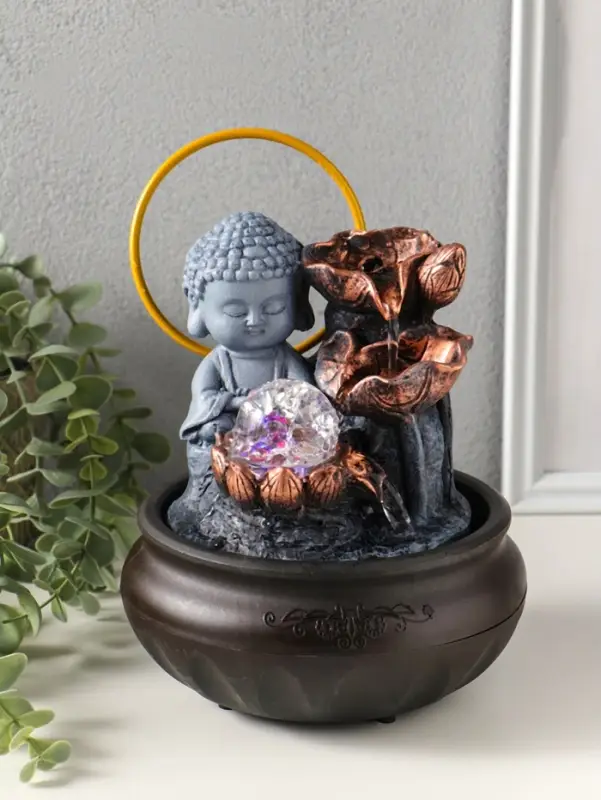 Фонтан настольный от сети, подсветка "Будда с лотосами - благополучие" 16х16х22 см