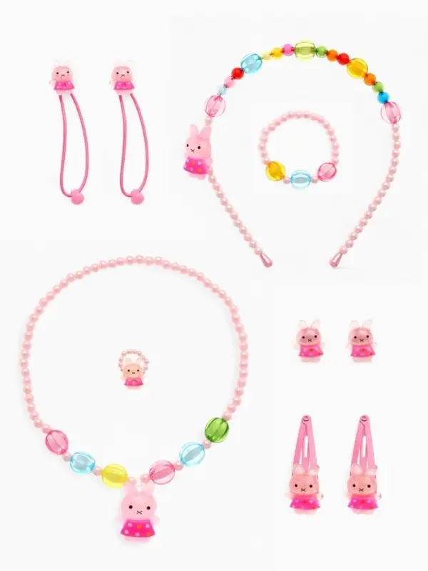 Набор детских украшений Выбражулька &laquo;Зайчики&raquo;, 9 предметов: ободок, 2 резинки, 2 заколки, клипсы, кулон, браслет, кольцо, МИКС