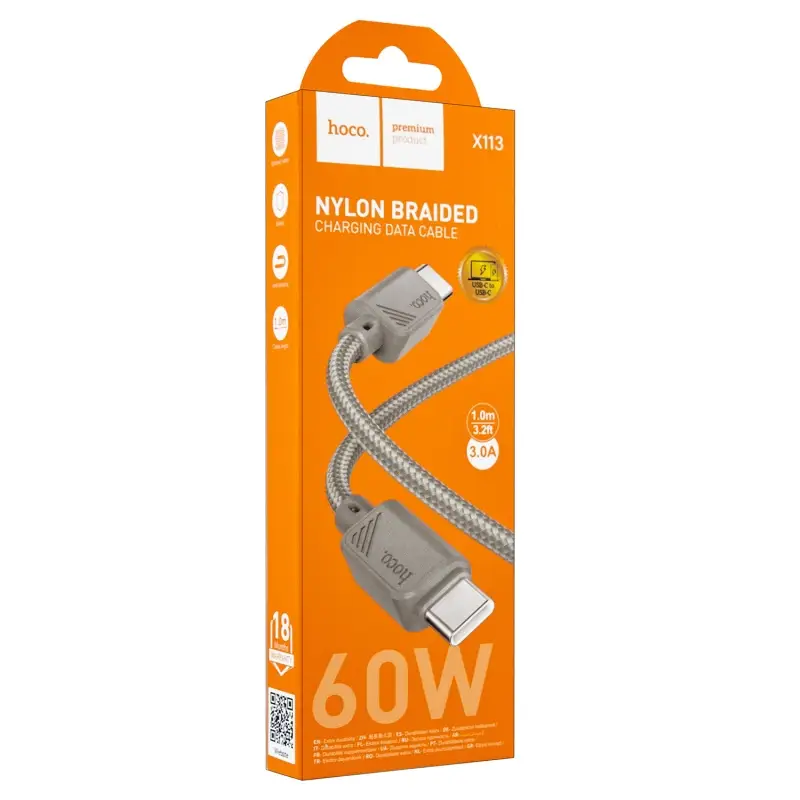 Кабель Type-C на Type-C 1M 3A 60W X113 HOCO серый