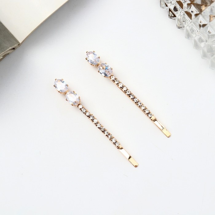 Невидимка для волос Невидимка для волос "Вивьен" (набор 2 шт) камни сияние овалы, 5 см, золото