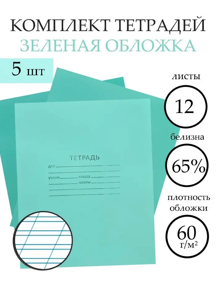 Набор тетрадей &laquo;Зелёная обложка&raquo; 5 штук, 12 листов в косую линейку, эконом, плотность 60 г/м&sup2;