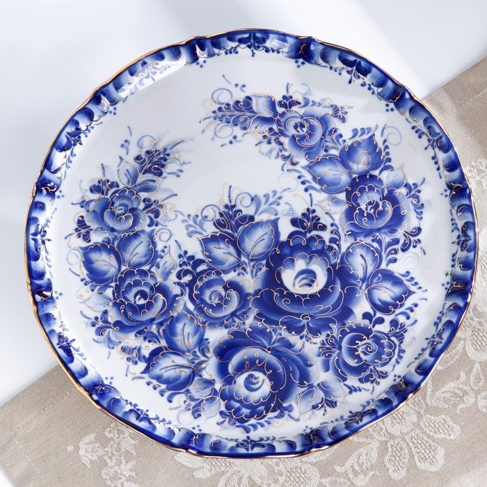 Тарелка для торта «Цветок», гжель, золото