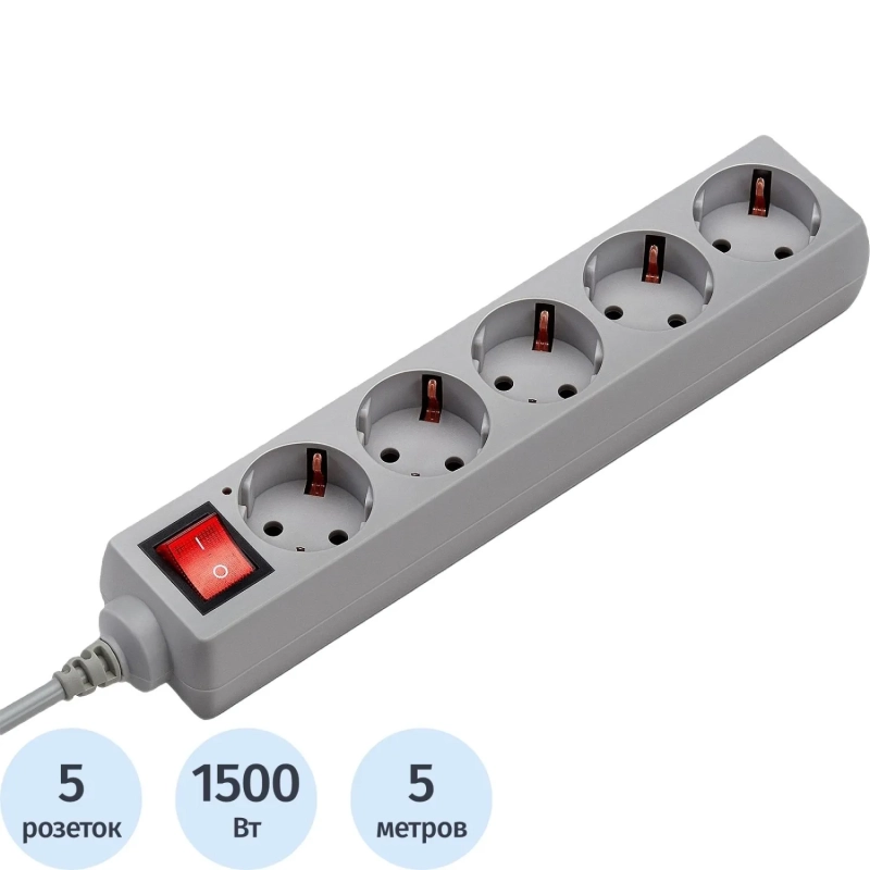 Сетевой фильтр Buro 500SL-5-G 5м (5 розеток) серый (пакет ПЭ)
