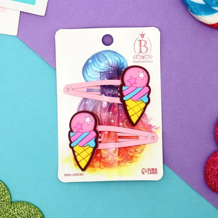 Невидимка для волос "Абель" (набор 2 шт) мороженое-рожок, 5 см, розовый