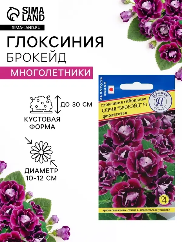 Семена цветов Глоксиния &laquo;Брокэйд&raquo;, фиолетовая, F1, 5 шт., &laquo;Престиж семена&raquo;