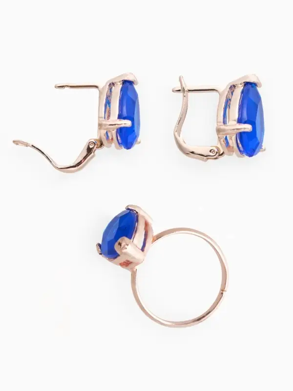 Гарнитур 3 предмета: серьги, кулон, кольцо безразмерное &laquo;Эдель&raquo;, капля, синие в золоте, 45 см