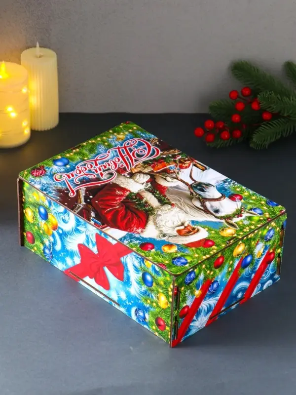 Шкатулка-ящик  самосборный большой  с символом года "Дед Мороз и лошадь", 28х19,5х11 см