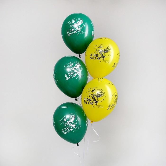Воздушный шар латексный 12 Воздушный шар латексный 12" «С Днём Рождения Динозаврики 2», пастель, цвет жел., зелен., 5 шт.