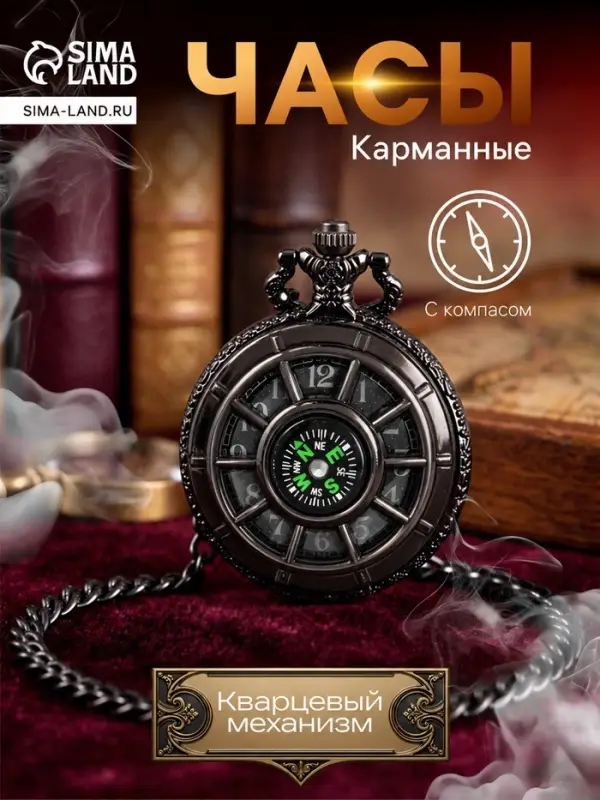 Часы карманные &laquo;Классика&raquo;, кварцевые, d=4.5 см, цепочка 37 см, с компасом