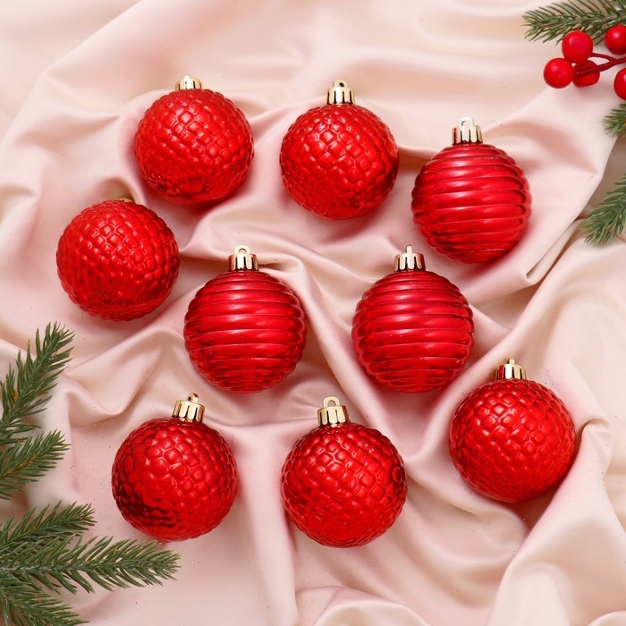 Ёлочные игрушки, шары новогодние , пластик, набор d-6 см, 9 шт Ёлочные игрушки, шары новогодние , пластик, набор d-6 см, 9 шт "Нерея" красный