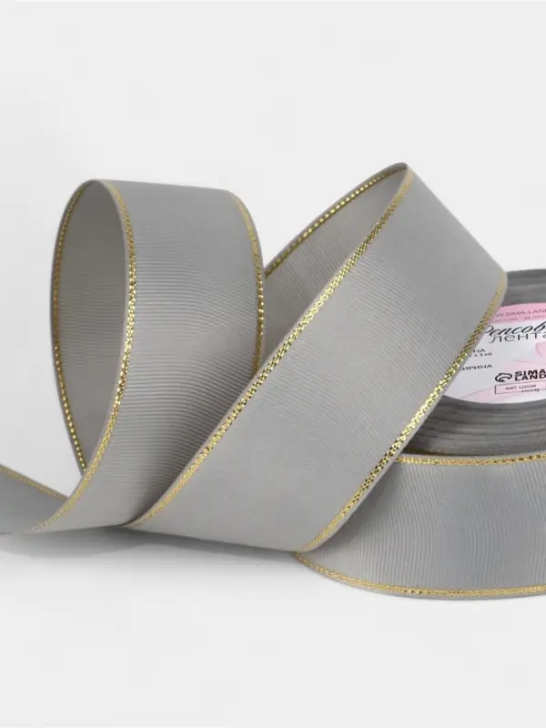 Лента репсовая, с золотым люрексом, 40 мм, 23&plusmn;1 м, светло-серая №003