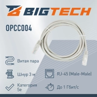 Патч-корд BigTech OPCC004 UTP CCA кат.5e/3м/литой/многожильный (серый)