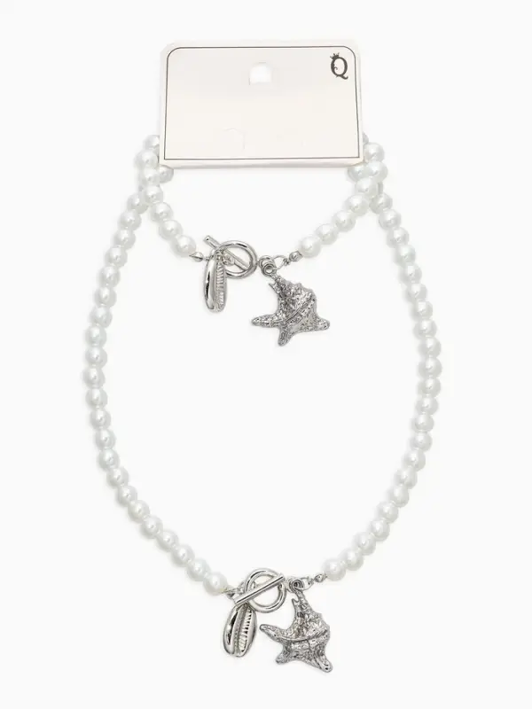 Набор 2 предмета: бусы. браслет &laquo;Жемчуг. Ракушка&raquo;, L=18/42 см, №8, белый в серебре