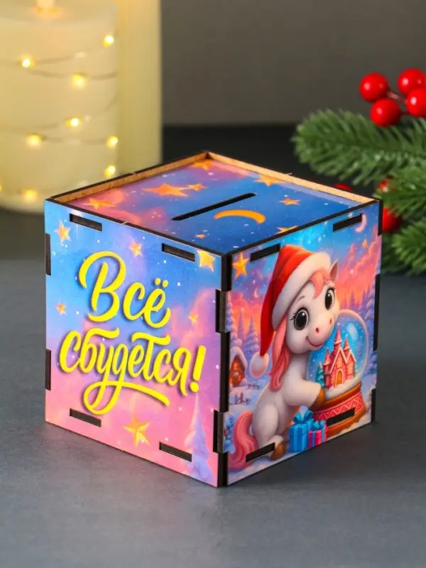 Деревянная копилка для денег &laquo;Лошадка новогодняя. Все сбудется&raquo;, куб, 10&times;10&times;10 см, (набор 7 деталей)